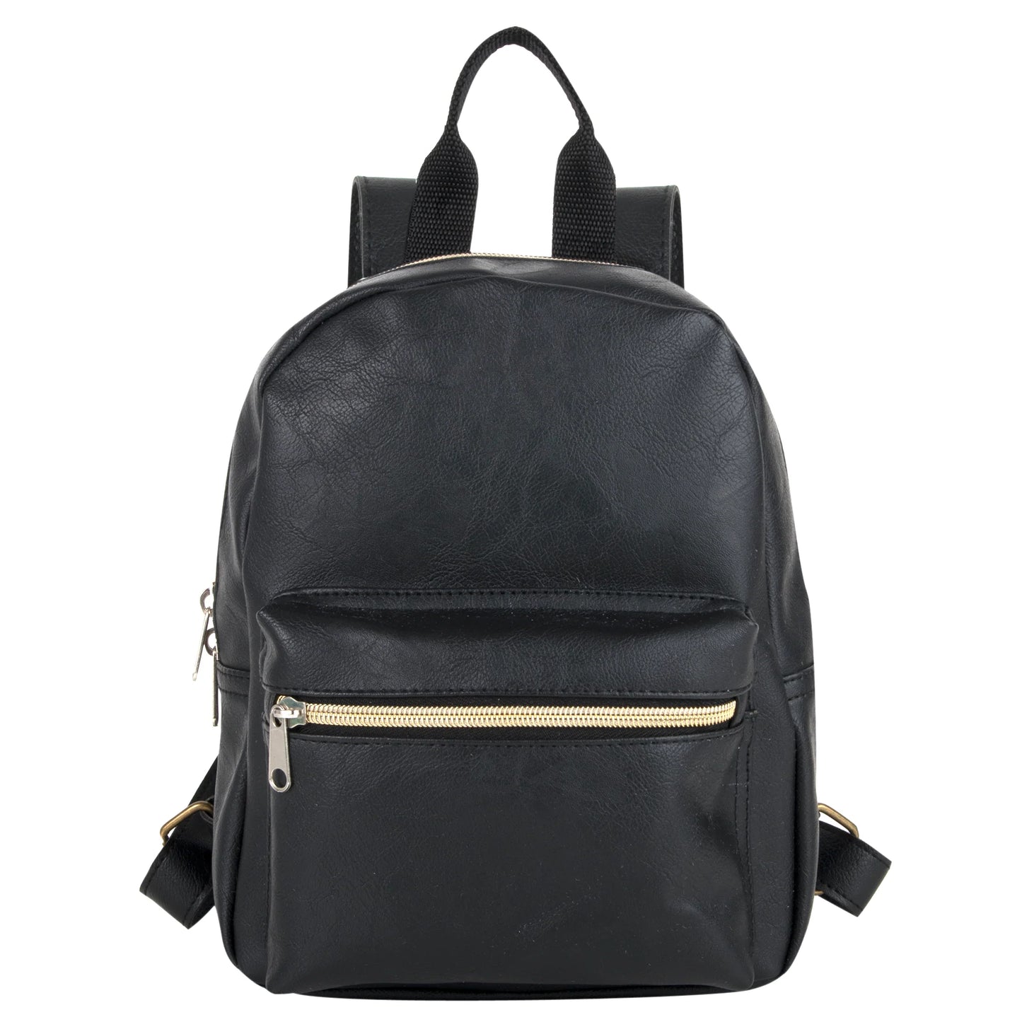 Mini Backpack 10 Inch Black Vinyl with Front Zipper Pocket