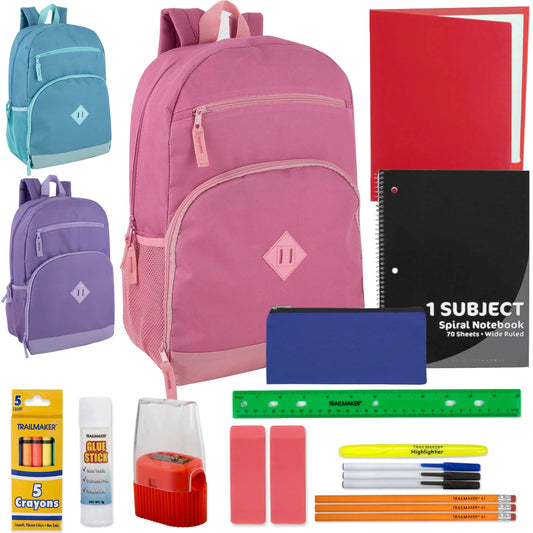 17-Inch Dome Backpack and 20-Piece School Supply Kit - 3 Pastel Colors