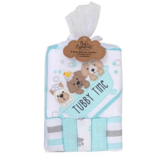 6 Piece Hooded Bath Towel & Wash Cloth Baby Bath Sets - Puppy Tubby Theme