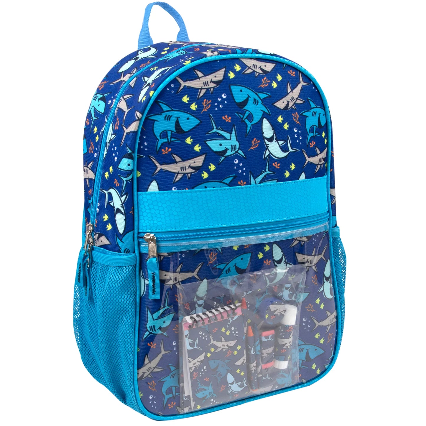 17-Inch Shark Themed Backpack with Clear Front Pocket and 8-Piece School Supply Kit
