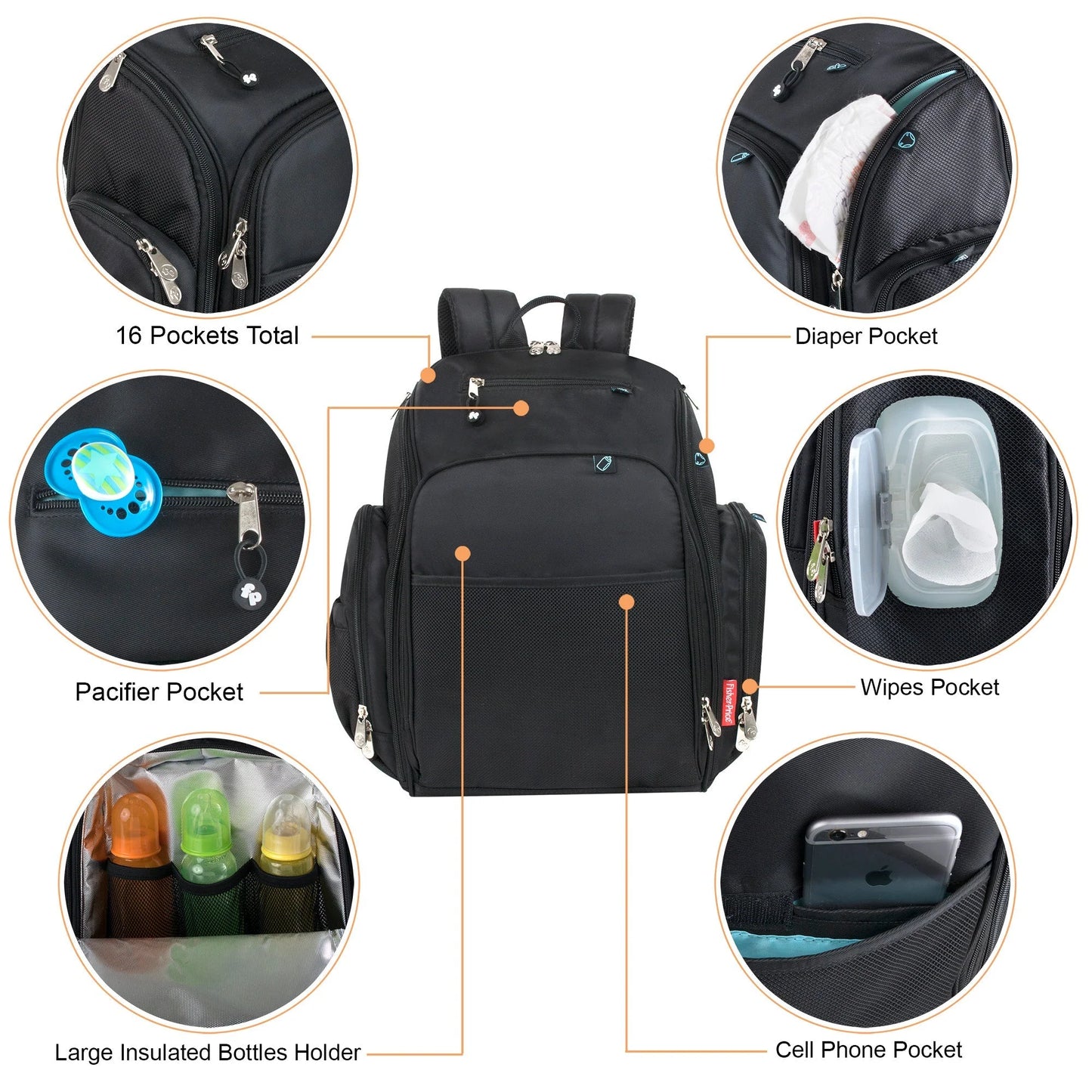 Fisher-Price Fastfinder Multi-Pocket Diaper Bag Backpack + Changing Pad Set - Black with Teal Interior