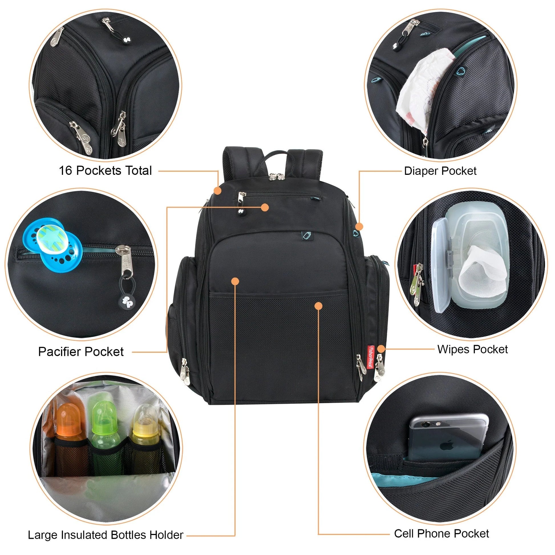 Fisher-Price Fastfinder Multi-Pocket Diaper Bag Backpack + Changing Pad Set - Black with Teal Interior