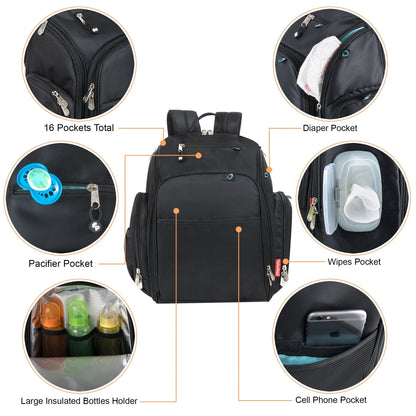 Fisher-Price Fastfinder Multi-Pocket Diaper Bag Backpack + Changing Pad Set - Black with Teal Interior
