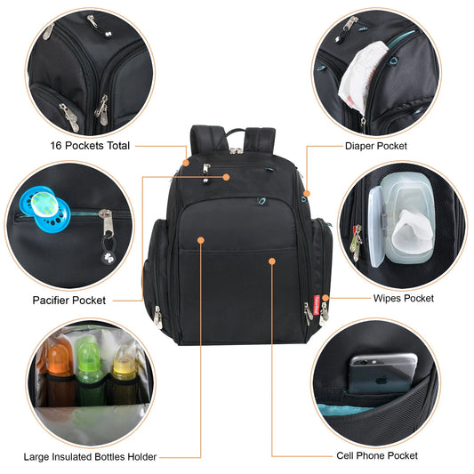 Fisher-Price Fastfinder Multi-Pocket Diaper Bag Backpack + Changing Pad Set - Black with Teal Interior