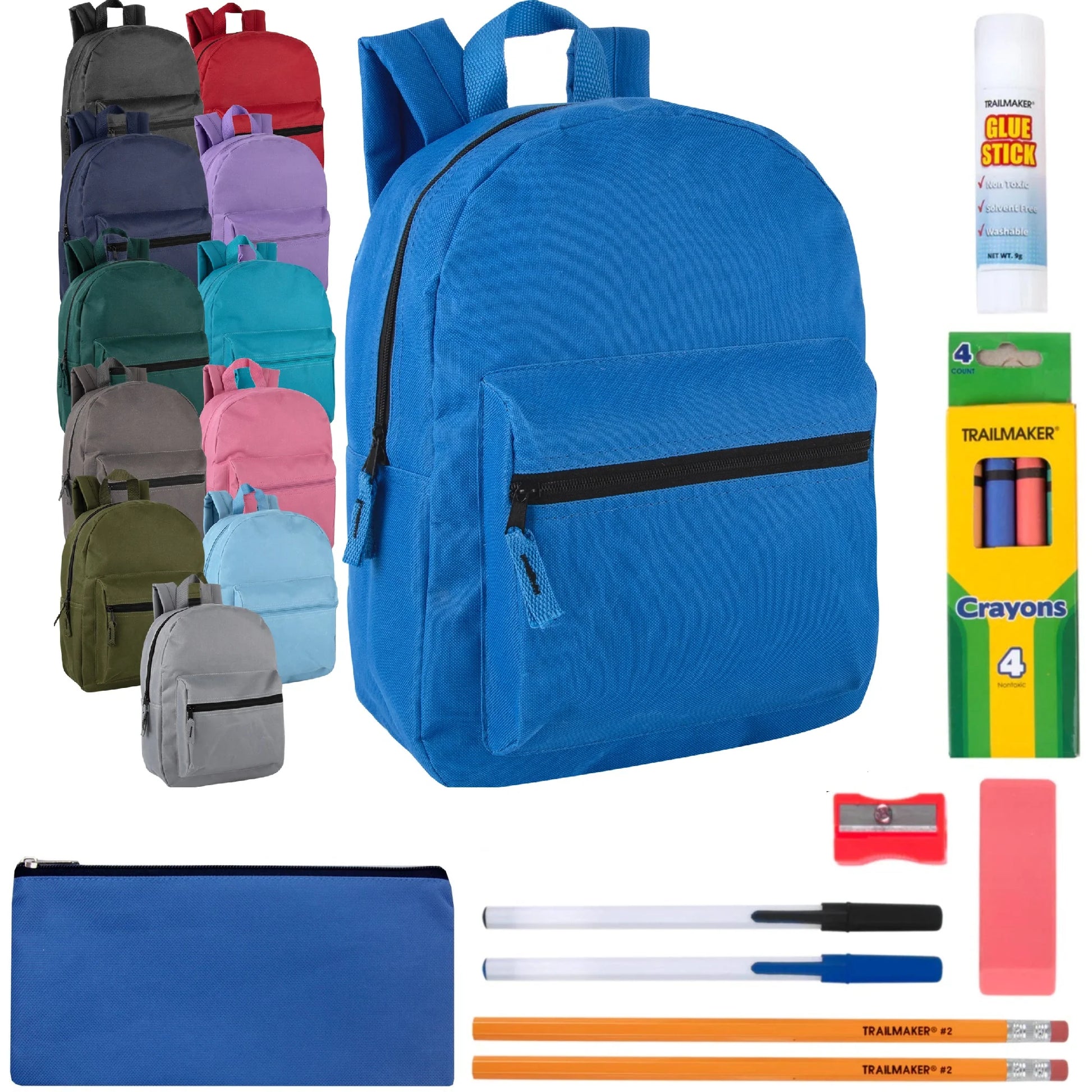 15-Inch Basic Backpack with 12-Piece School Supplies Kit - 12 Colors