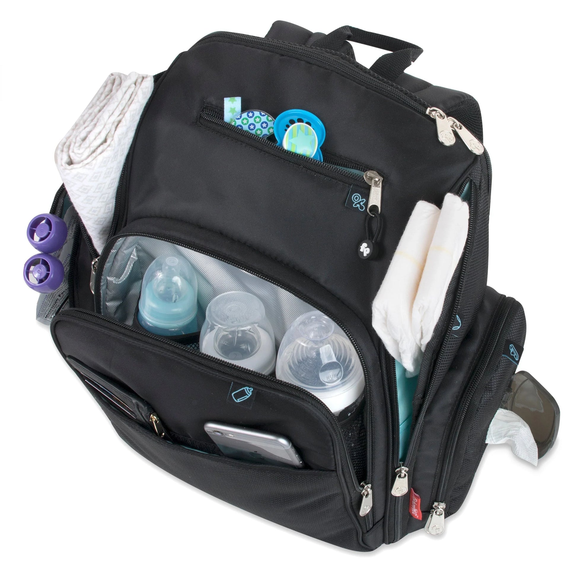 Fisher-Price Fastfinder Multi-Pocket Diaper Bag Backpack + Changing Pad Set - Black with Teal Interior