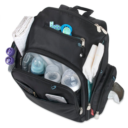 Fisher-Price Fastfinder Multi-Pocket Diaper Bag Backpack + Changing Pad Set - Black with Teal Interior