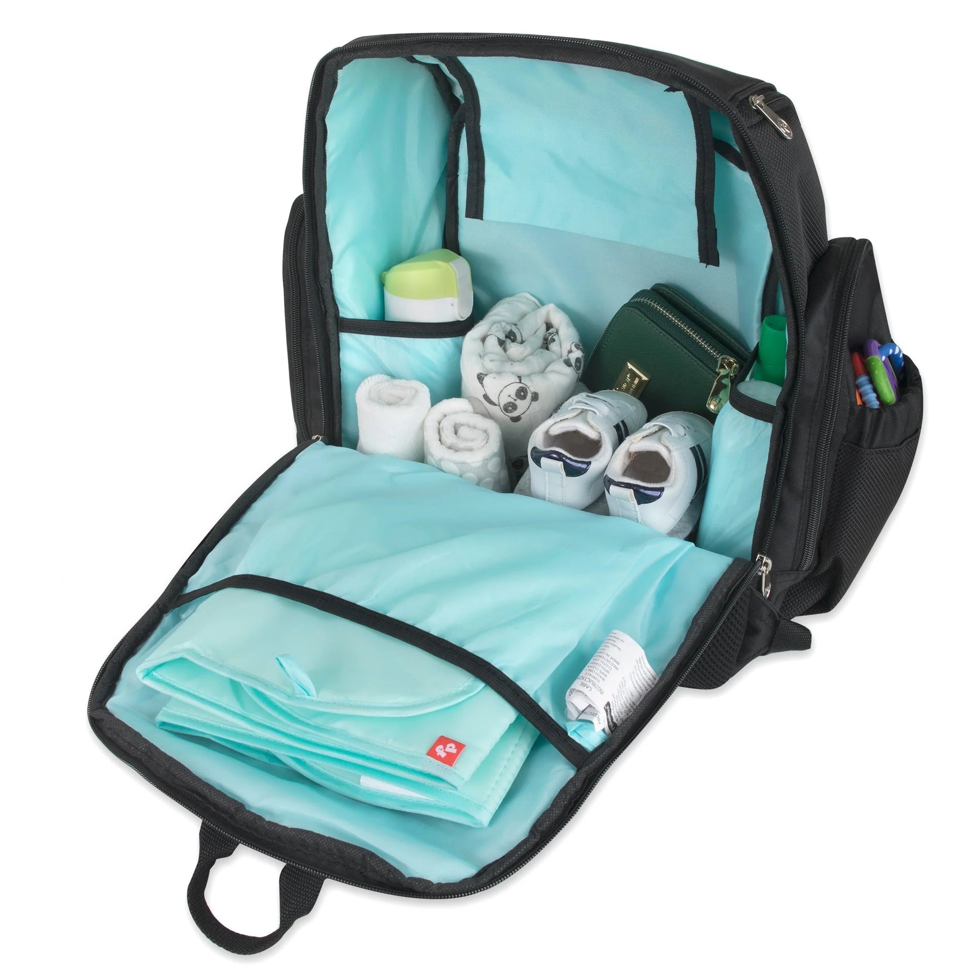Fisher-Price Fastfinder Multi-Pocket Diaper Bag Backpack + Changing Pad Set - Black with Teal Interior
