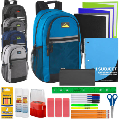 18-Inch Multi-Pocket Reflective Backpack with 30-Piece School Supply Kit - 5 Colors