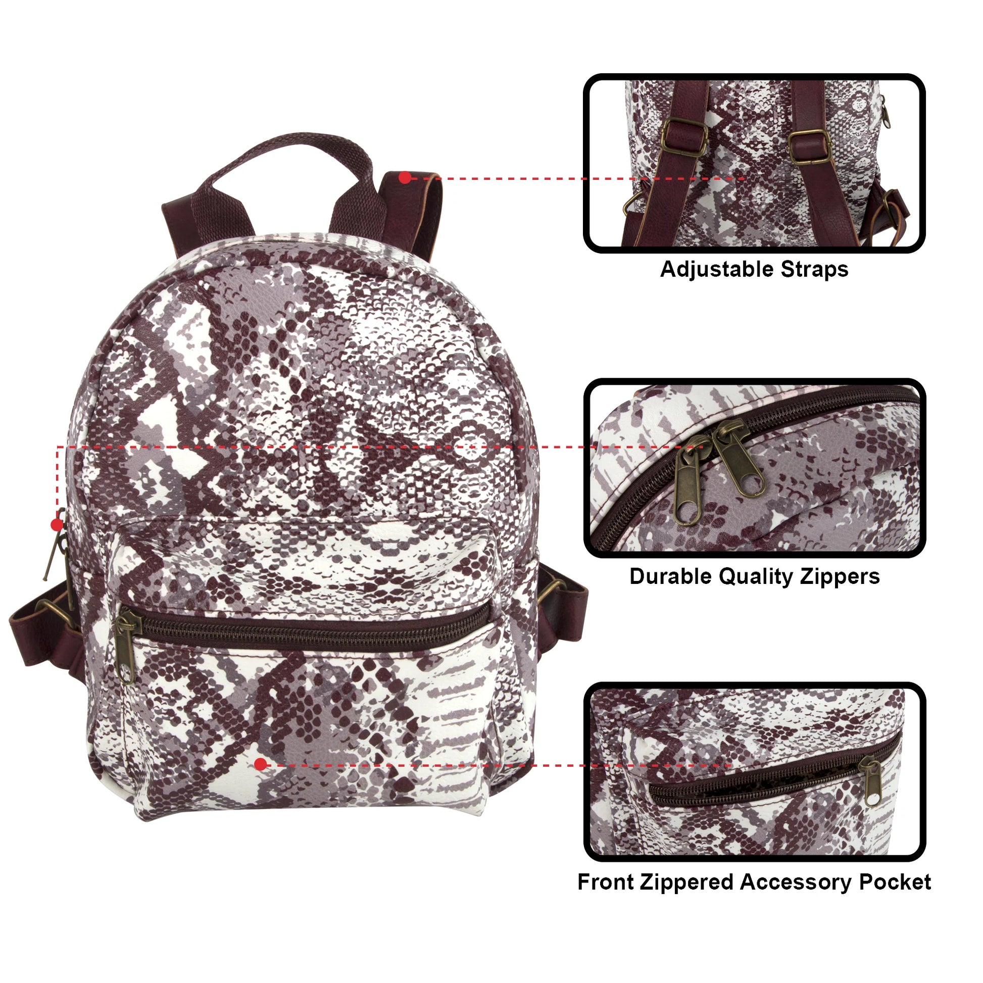 Mini Backpack 10 Inch Snake Skin Vinyl with Front Zipper Pocket