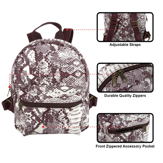 Mini Backpack 10 Inch Snake Skin Vinyl with Front Zipper Pocket