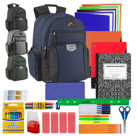 18-Inch Reflective Multi Pocket Backpack with Laptop Section with 30-Piece School Supply Kit - 4 Colors