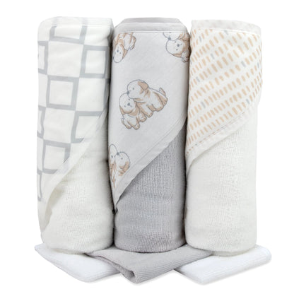 6-Piece Baby Bath Set with Hooded Bath Towel & Wash Cloth - Puppy Theme