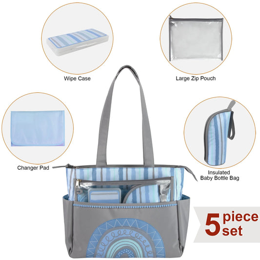 Baby Essentials Diaper Bag Tote 5-Piece Set - Blue Rainbow Themed