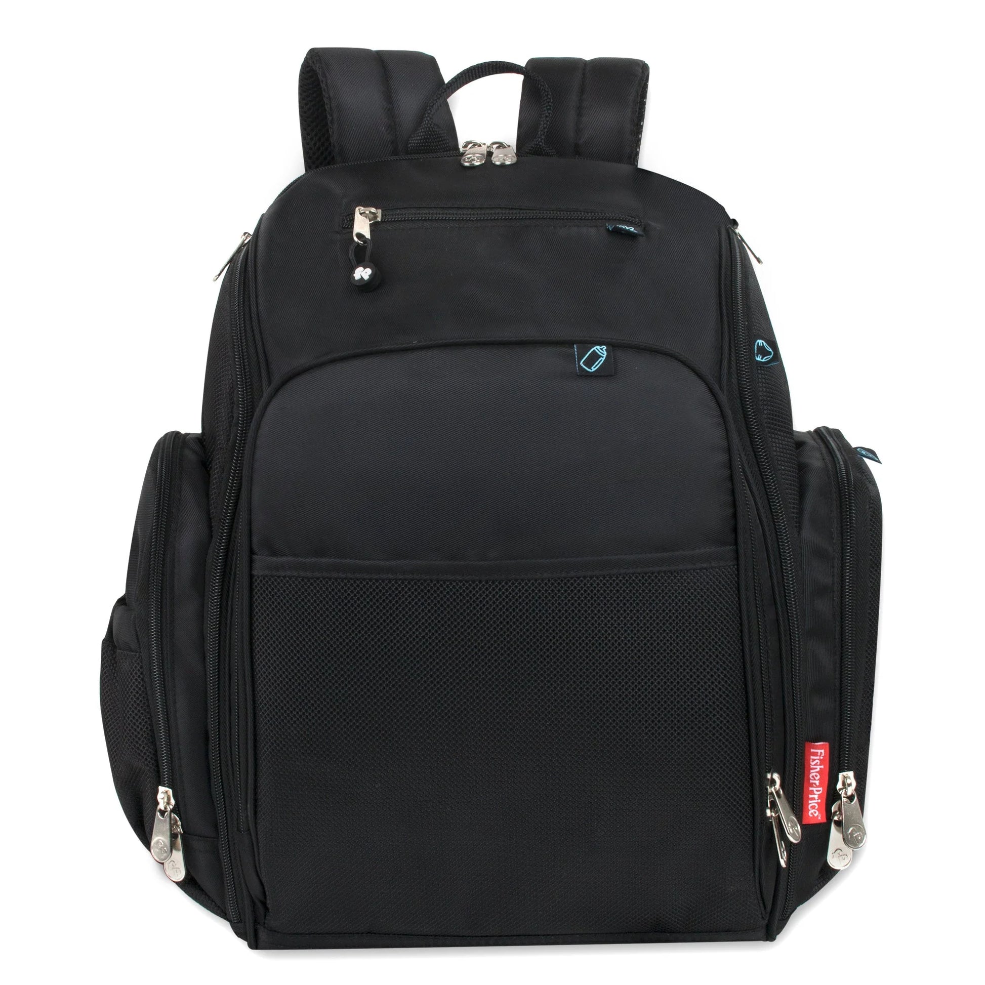 Fisher-Price Fastfinder Multi-Pocket Diaper Bag Backpack + Changing Pad Set - Black with Teal Interior