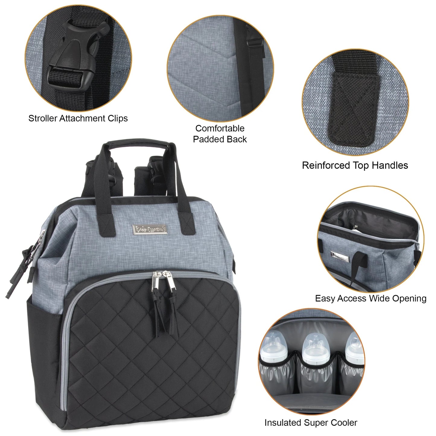 Baby Essentials Quilted Diaper Bag Backpack W Changing Pad - Black & Grey
