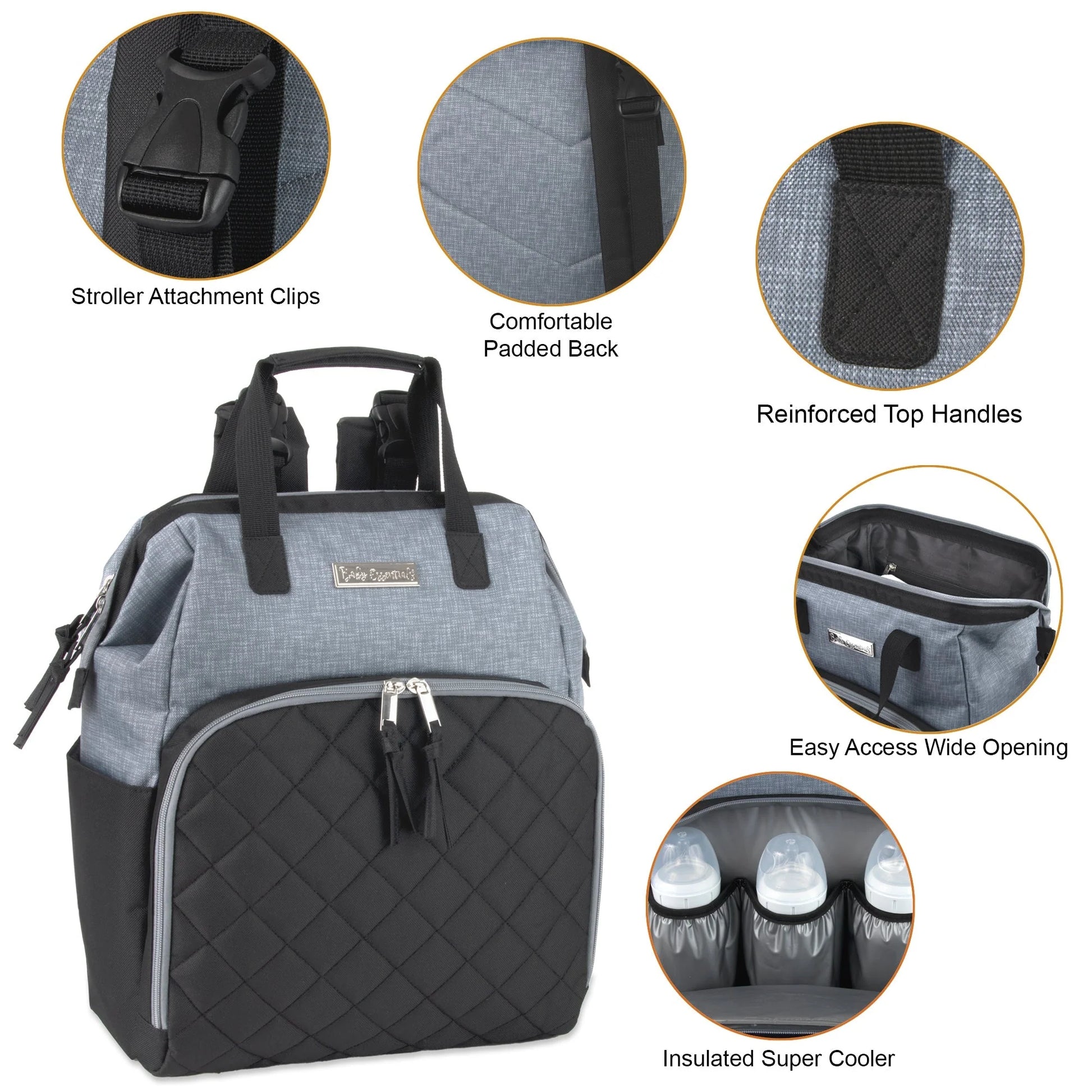 Baby Essentials Quilted Diaper Bag Backpack W Changing Pad - Black & Grey