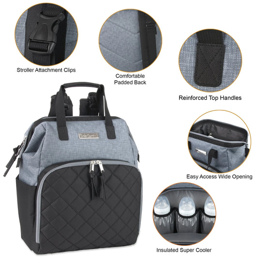 Baby Essentials Quilted Diaper Bag Backpack W Changing Pad - Black & Grey