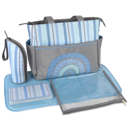Baby Essentials Diaper Bag Tote 5-Piece Set - Blue Rainbow Themed
