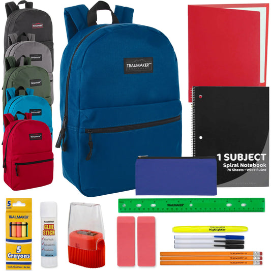 17-Inch Classic Backpack with 20-Piece School Supply Kit - 6 Colors