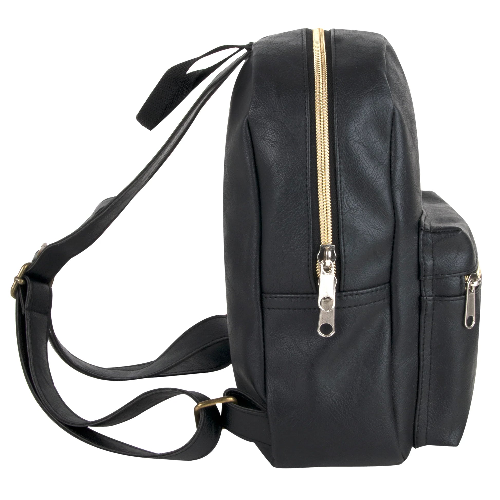 Mini Backpack 10 Inch Black Vinyl with Front Zipper Pocket