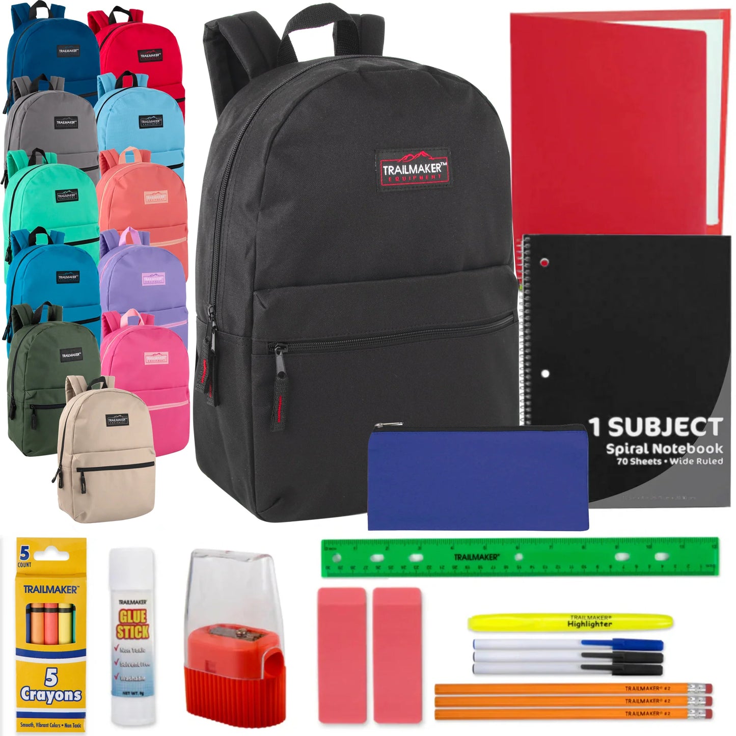 17-Inch Classic Backpack with 20-Piece School Supply Kit - 12 Colors