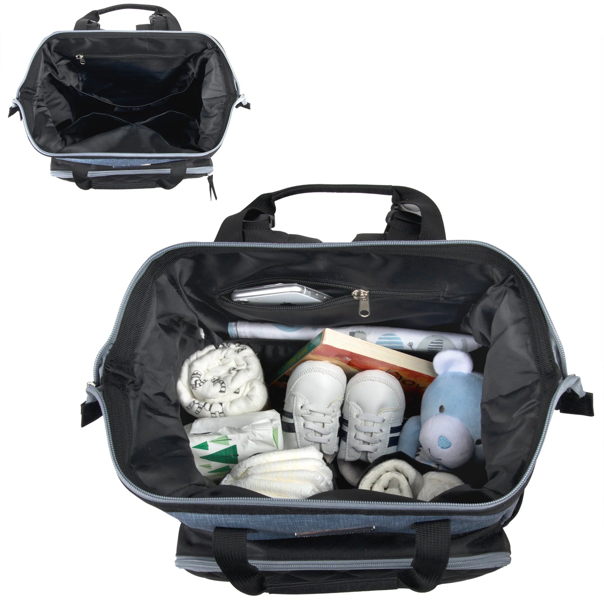 Baby Essentials Quilted Diaper Bag Backpack W Changing Pad - Black & Grey