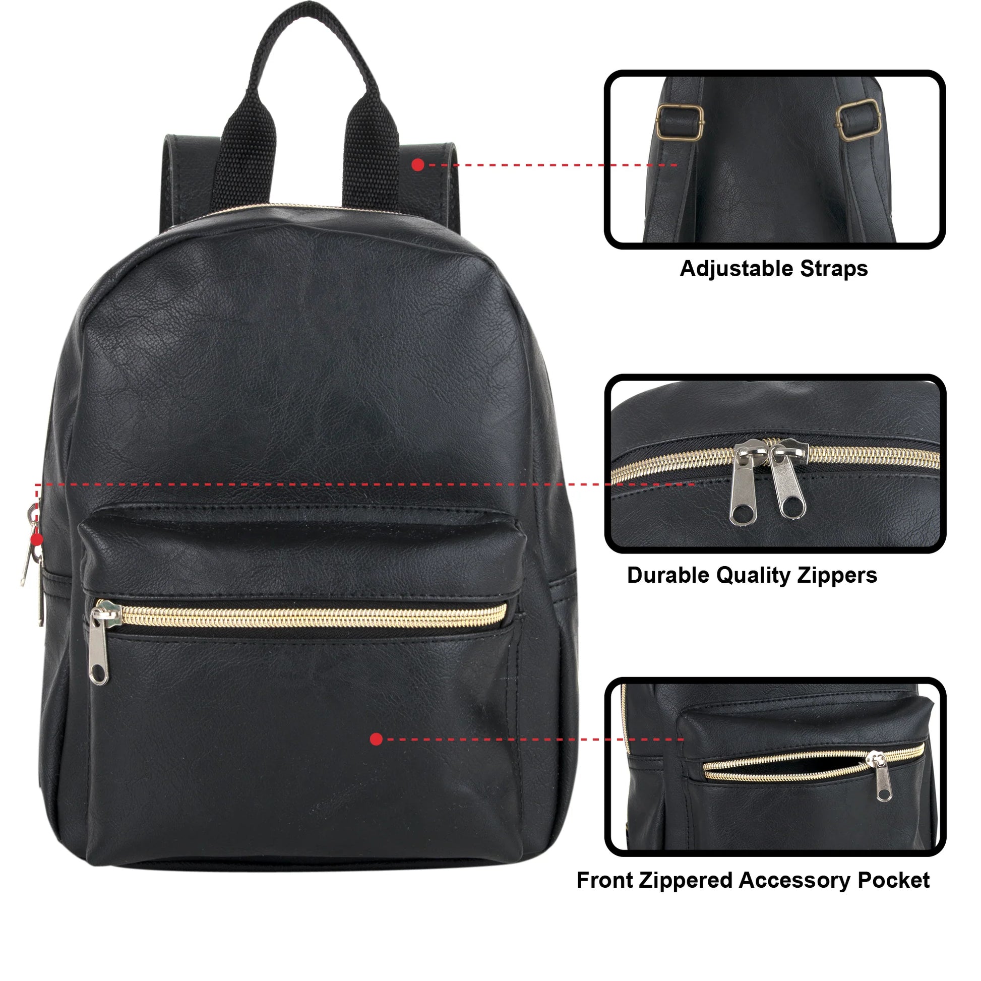 Mini Backpack 10 Inch Black Vinyl with Front Zipper Pocket