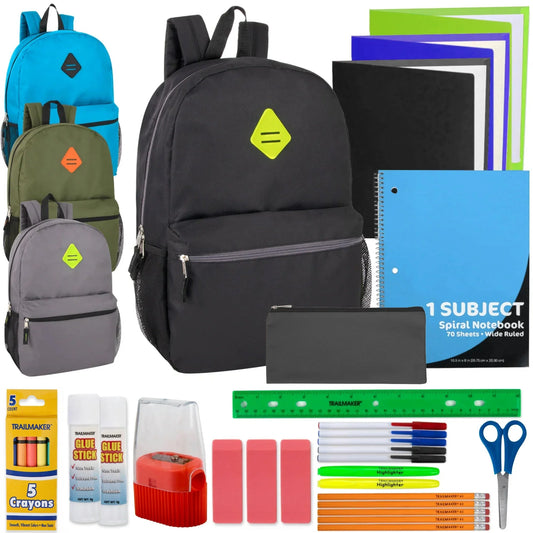 19-Inch Side Pocket Backpack with 30-Piece School Supply Kit - 4 Boys Colors