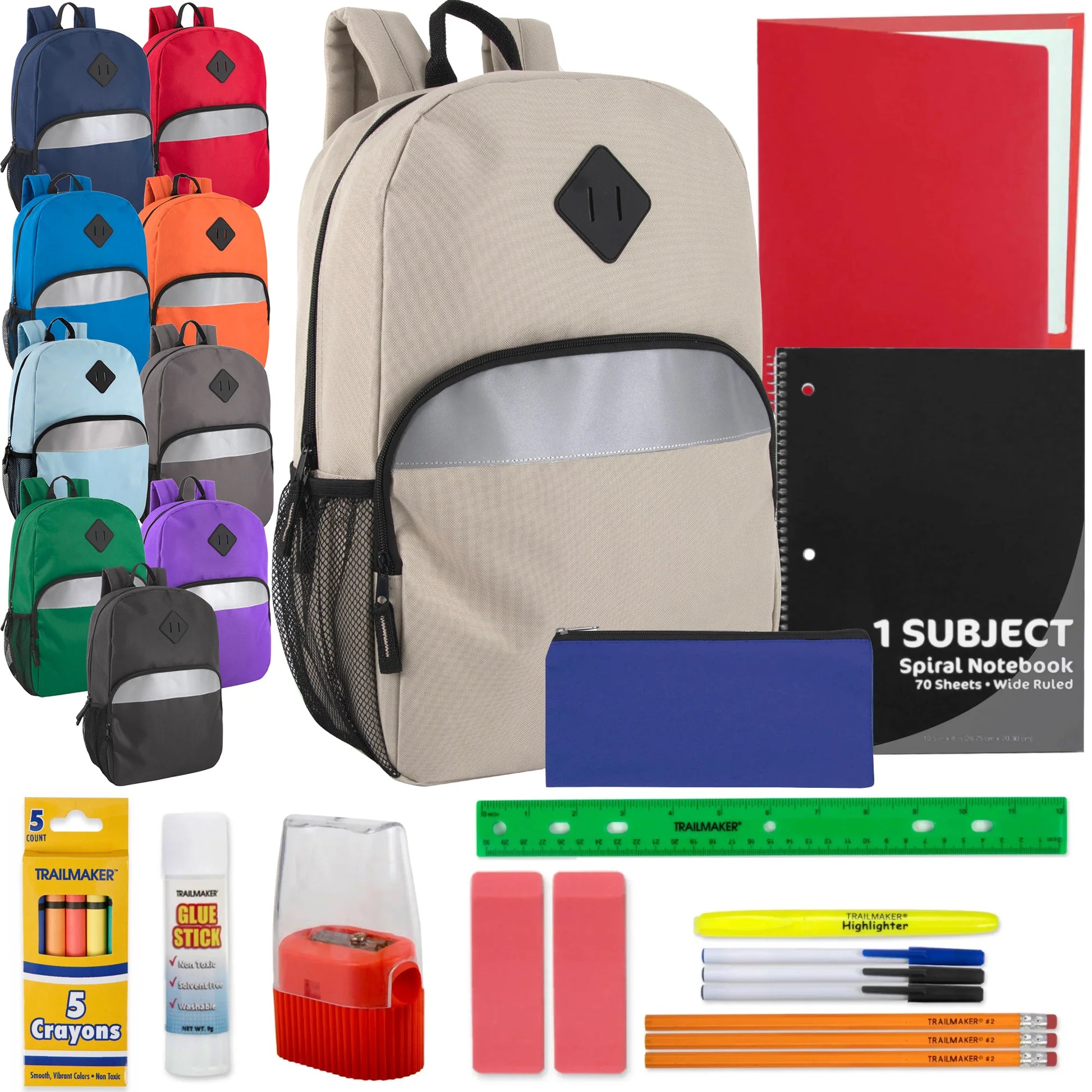 17-Inch Safety Reflective Backpack with 20-Piece School Supplies Kit - 9 Colors