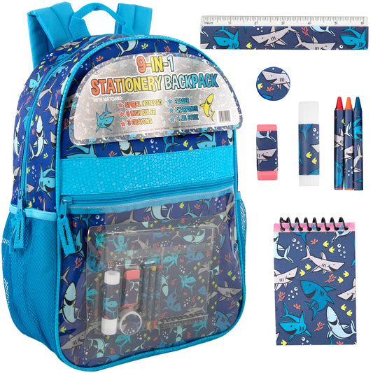 17-Inch Shark Themed Backpack with Clear Front Pocket and 8-Piece School Supply Kit