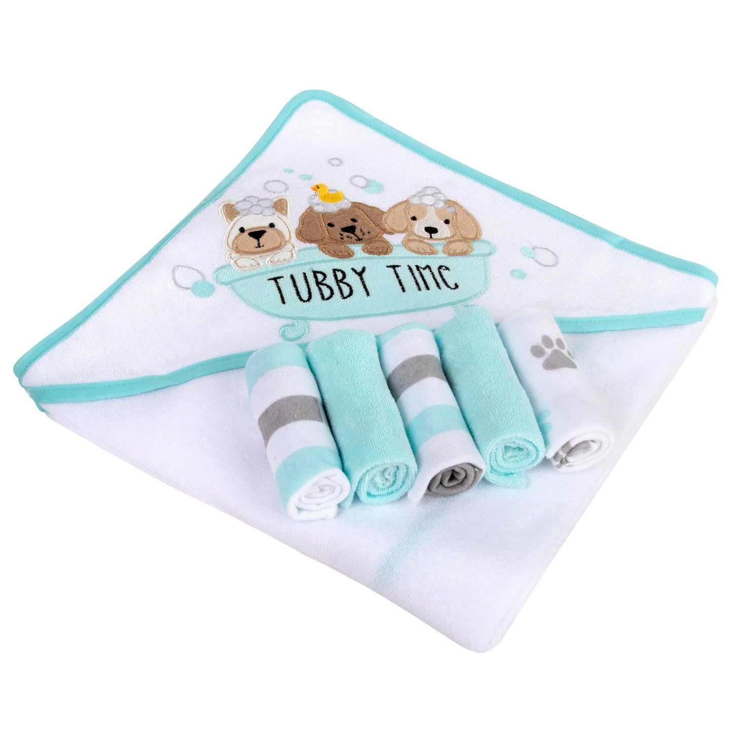 6 Piece Hooded Bath Towel & Wash Cloth Baby Bath Sets - Puppy Tubby Theme
