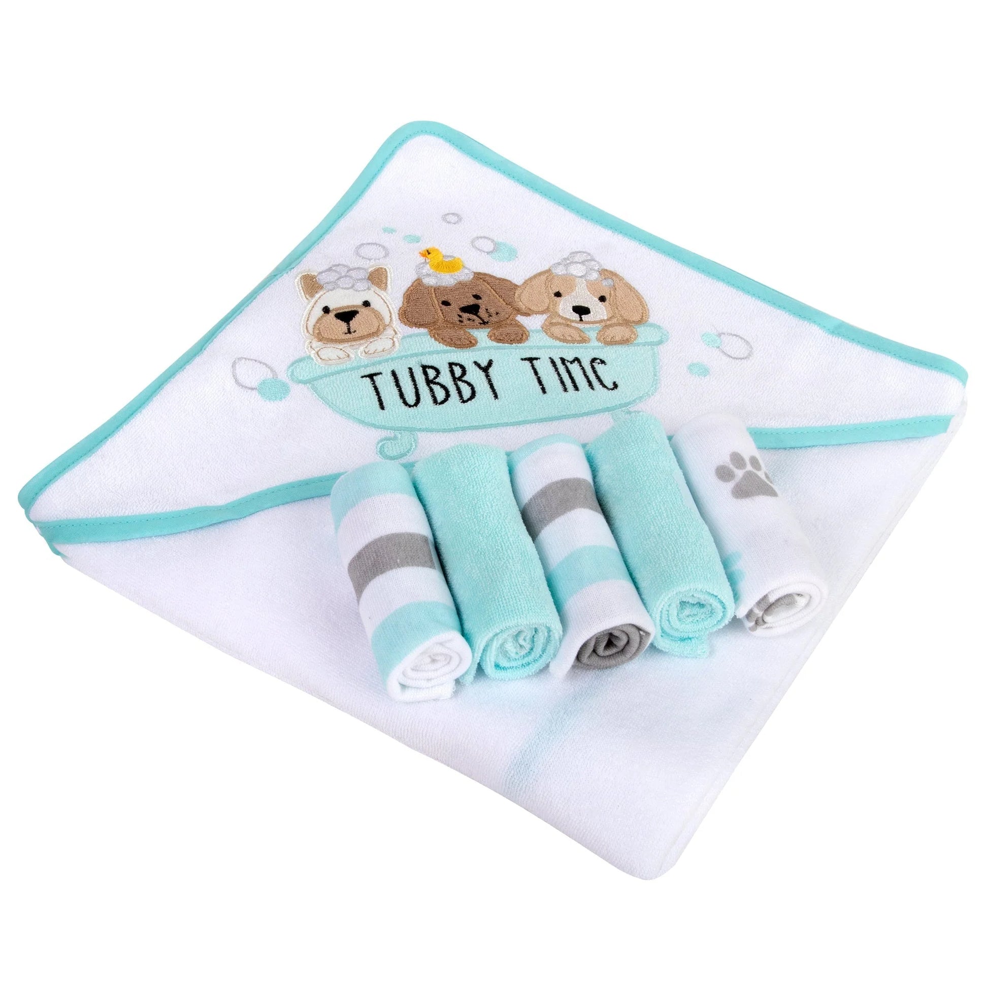 6 Piece Hooded Bath Towel & Wash Cloth Baby Bath Sets - Puppy Tubby Theme