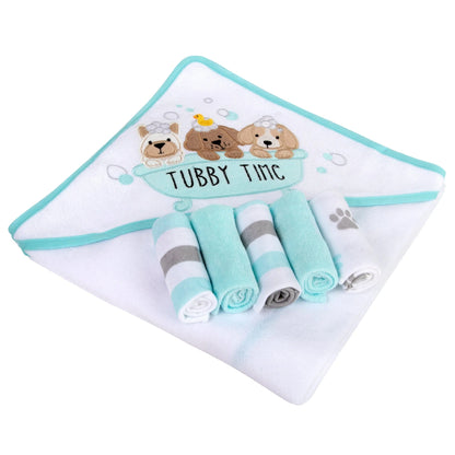 6 Piece Hooded Bath Towel & Wash Cloth Baby Bath Sets - Puppy Tubby Theme