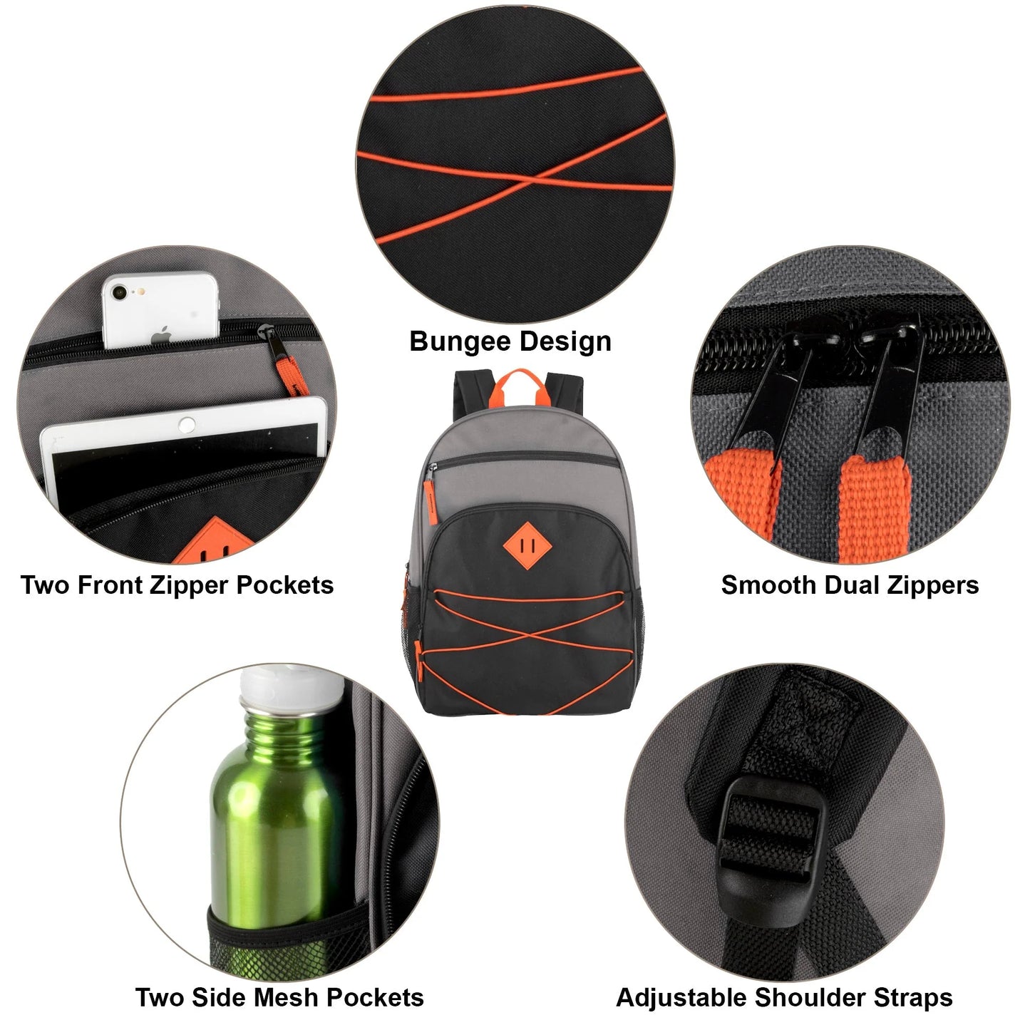 17-Inch Multi Pocket Bungee Backpack - 5 Colors