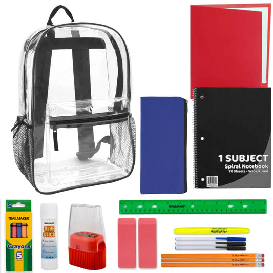 17-Inch Classic Clear Backpack with 20-Piece School Supply Kit - Black