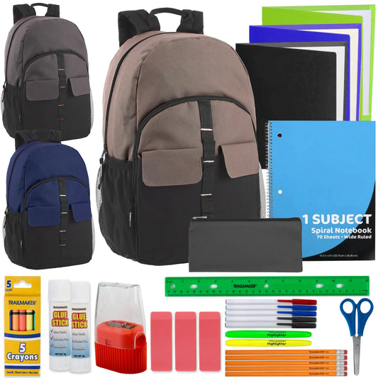 18" Double Flap Daisy Chain Backpack with 30-Piece School Supply Kit - 3 Boys Colors