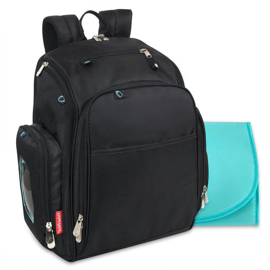 Fisher-Price Fastfinder Multi-Pocket Diaper Bag Backpack + Changing Pad Set - Black with Teal Interior