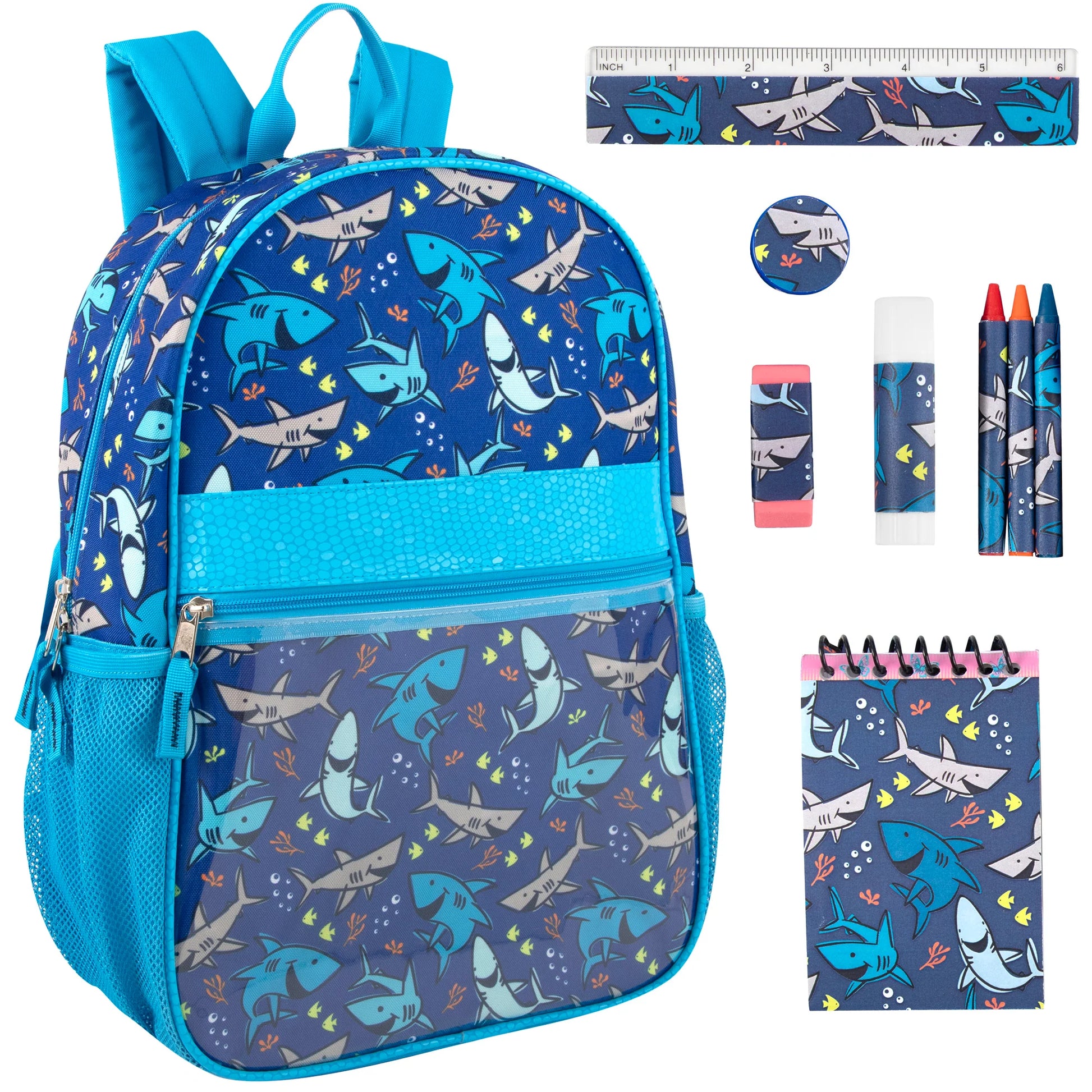 17-Inch Shark Themed Backpack with Clear Front Pocket and 8-Piece School Supply Kit