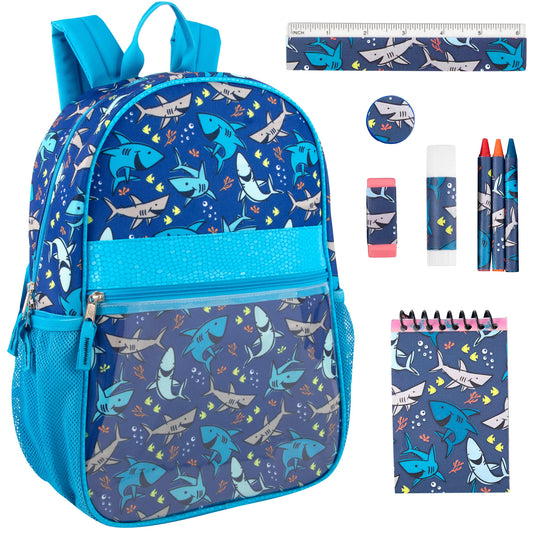17-Inch Shark Themed Backpack with Clear Front Pocket and 8-Piece School Supply Kit