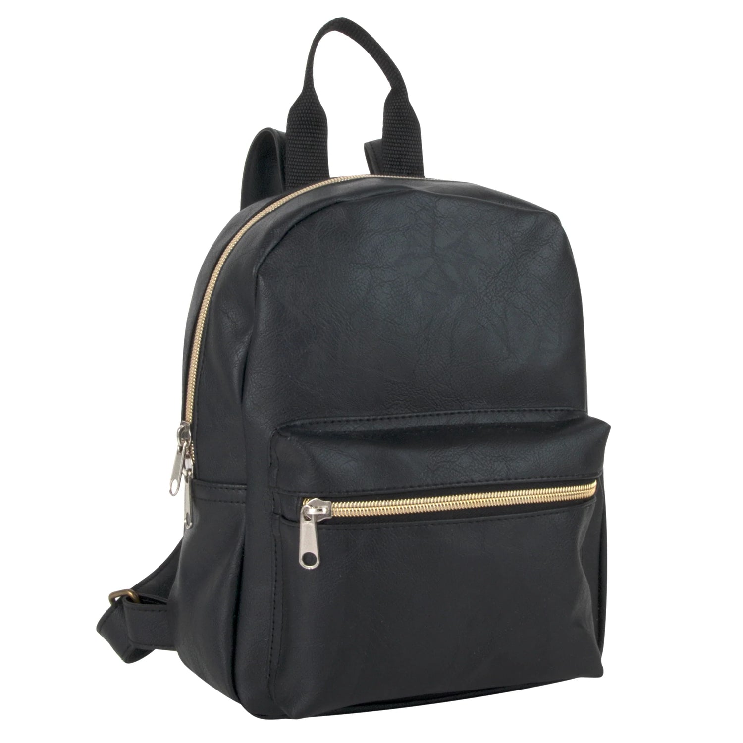 Mini Backpack 10 Inch Black Vinyl with Front Zipper Pocket