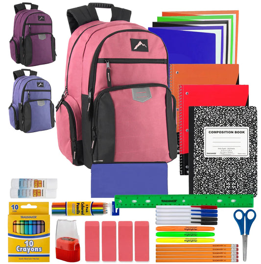 Reflective Multi Pocket Backpack with Laptop Section with 30-Piece School Supply Kit - 3 Colors